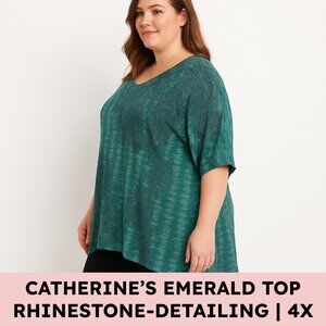 🌿 Catherines Embellished Paisley Tunic — 4X, Teal Green, Dolman Sleeve, Stretch